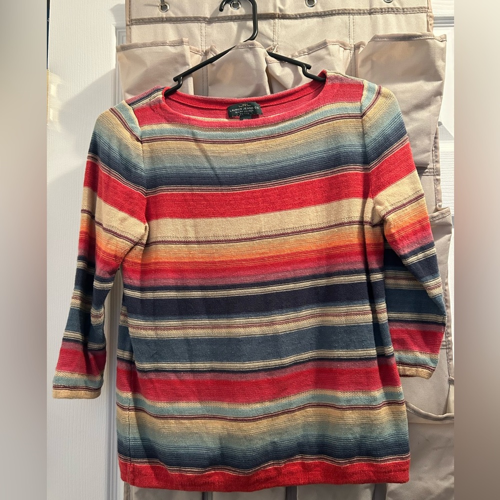 Ralph Lauren Women's Pink Striped Linen-Blend Crewneck Knit Sweater Size PM